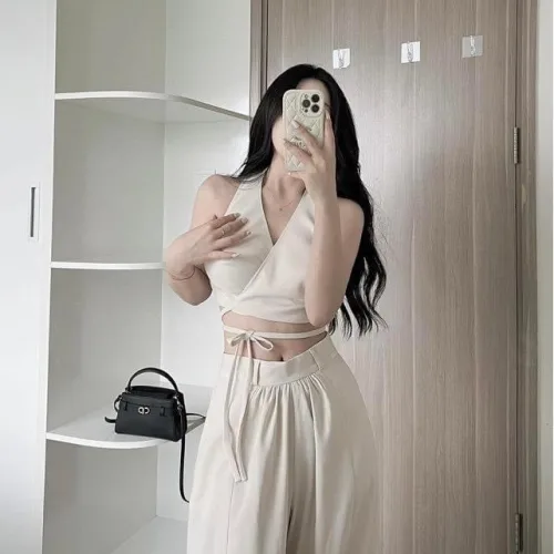 Sét crop nude cột dây eo chéo lưng + quần suông