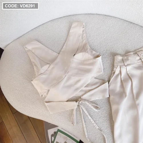 Sét crop nude cột dây eo chéo lưng + quần suông