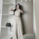 Sét crop nude cột dây eo chéo lưng + quần suông