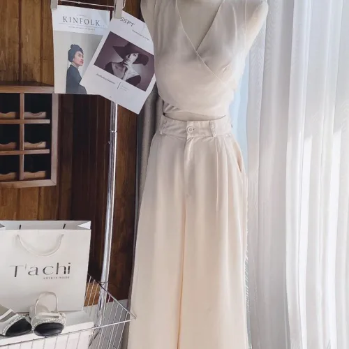 Sét crop nude cột dây eo chéo lưng + quần suông