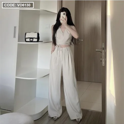 Sét crop nude cột dây eo chéo lưng + quần suông