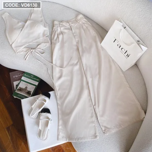 Sét crop nude cột dây eo chéo lưng + quần suông
