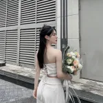 Sét crop ống nude đan dây lưng + quần suông