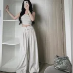 Sét crop ống nude đan dây lưng + quần suông