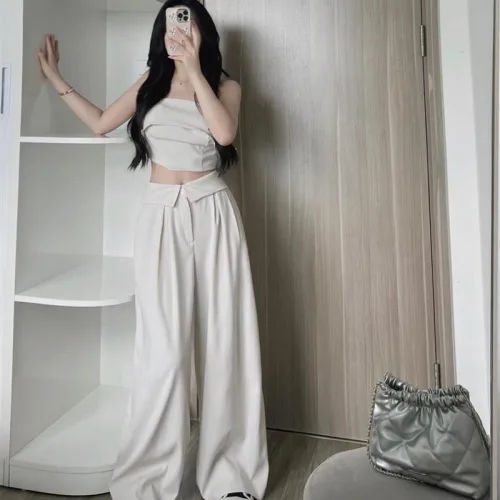 Sét crop ống nude đan dây lưng + quần suông