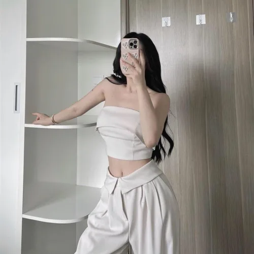 Sét crop ống nude đan dây lưng + quần suông