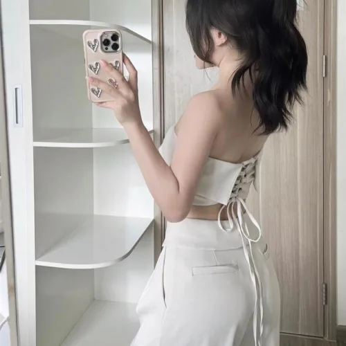Sét crop ống nude đan dây lưng + quần suông