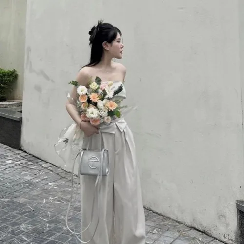 Sét crop ống nude đan dây lưng + quần suông