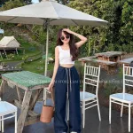 Sét crop pulll trắng 2 dây cổ u + quần suông jean lưng thun