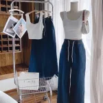 Sét crop pulll trắng 2 dây cổ u + quần suông jean lưng thun