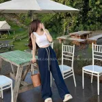 Sét crop pulll trắng 2 dây cổ u + quần suông jean lưng thun