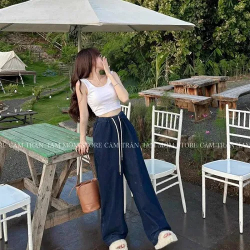Sét crop pulll trắng 2 dây cổ u + quần suông jean lưng thun