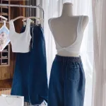 Sét crop pulll trắng 2 dây cổ u + quần suông jean lưng thun
