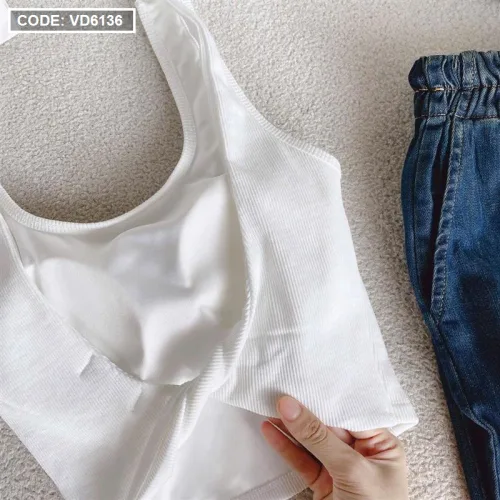 Sét crop pulll trắng 2 dây cổ u + quần suông jean lưng thun