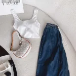 Sét crop pulll trắng 2 dây cổ u + quần suông jean lưng thun