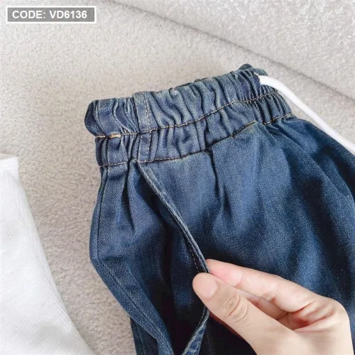 Sét crop pulll trắng 2 dây cổ u + quần suông jean lưng thun