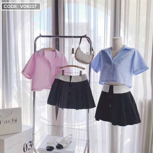 Sét crop sơ mi kẻ + chân váy phối xếp ly