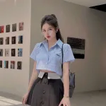 Sét crop sơ mi kẻ + chân váy phối xếp ly