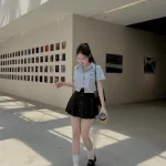 Sét crop sơ mi kẻ + chân váy phối xếp ly