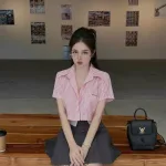 Sét crop sơ mi kẻ + chân váy phối xếp ly