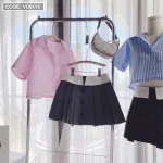 Sét crop sơ mi kẻ + chân váy phối xếp ly