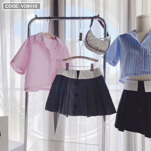 Sét crop sơ mi kẻ + chân váy phối xếp ly