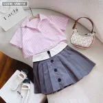 Sét crop sơ mi kẻ + chân váy phối xếp ly