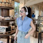 Sét crop sơ mi kẻ sọc rút eo + chân váy midi jean xẻ đùi