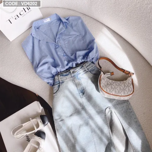 Sét crop sơ mi kẻ sọc rút eo + chân váy midi jean xẻ đùi