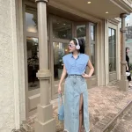 Sét crop sơ mi kẻ sọc rút eo + chân váy midi jean xẻ đùi