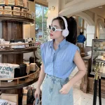 Sét crop sơ mi kẻ sọc rút eo + chân váy midi jean xẻ đùi