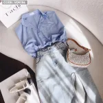 Sét crop sơ mi kẻ sọc rút eo + chân váy midi jean xẻ đùi