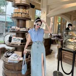 Sét crop sơ mi kẻ sọc rút eo + chân váy midi jean xẻ đùi