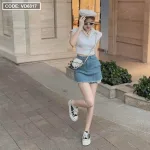 Sét crop sơ mi trắng chân váy jean xếp ly