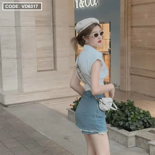Sét crop sơ mi trắng chân váy jean xếp ly