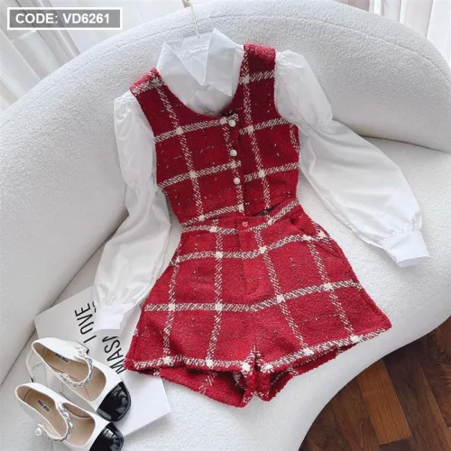 Sét dạ 3 món đỏ sơ mi trắng kèm ghile dạ đỏ short