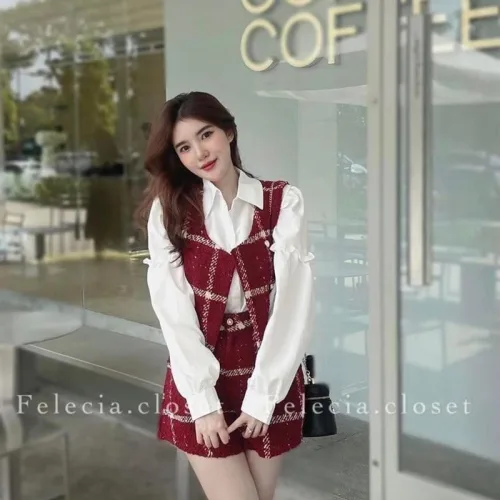 Sét dạ 3 món đỏ sơ mi trắng kèm ghile dạ đỏ short