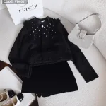Sét dạ đen tay dài đính đá + short