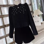 Sét dạ đen tay dài đính đá + short