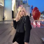 Sét dạ đen tay dài đính đá + short