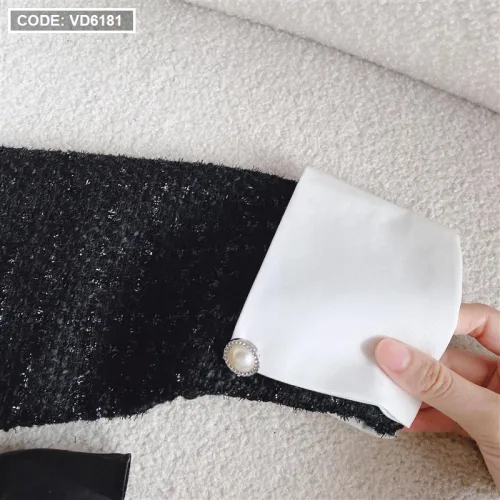 Sét đầm 2 dây dạ đen phối voan tầng + khoác crop dạ viền trắng