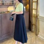 Sét đầm 2 dây midi đen kèm khoác crop dạ xanh