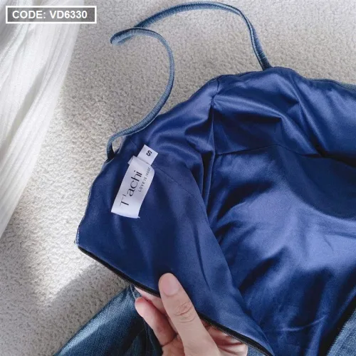 Sét đầm doll 2 dây jean cúp ngực kèm khoác crop trắng