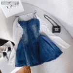 Sét đầm doll 2 dây jean cúp ngực kèm khoác crop trắng