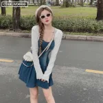 Sét đầm doll 2 dây jean cúp ngực kèm khoác crop trắng