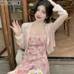 Sét đầm hoa midi 2 dây tầng kèm khoác crop hồng