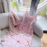 Sét đầm hoa midi 2 dây tầng kèm khoác crop hồng