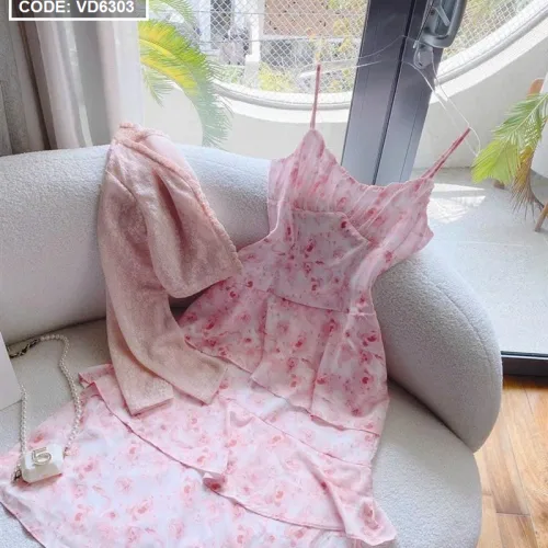 Sét đầm hoa midi 2 dây tầng kèm khoác crop hồng