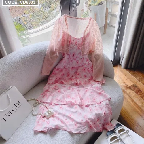 Sét đầm hoa midi 2 dây tầng kèm khoác crop hồng