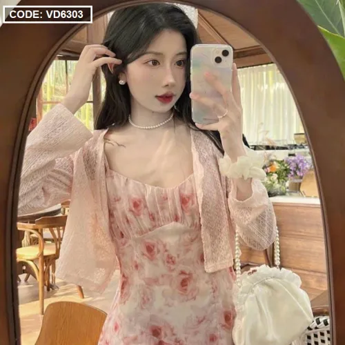 Sét đầm hoa midi 2 dây tầng kèm khoác crop hồng